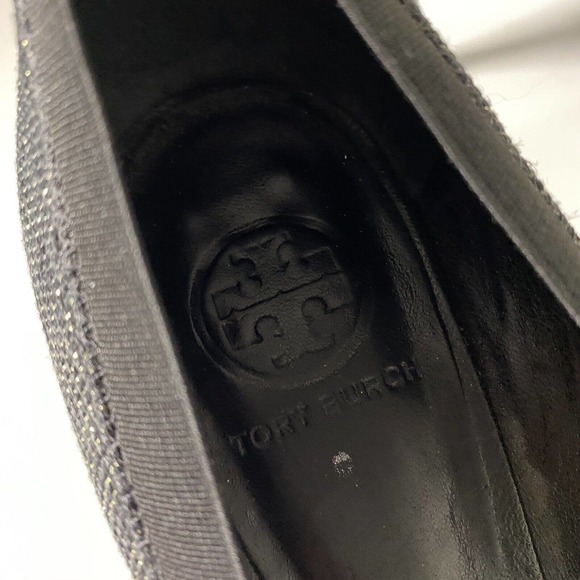 Tory Burch Pump Caroline Tweed Black Gold Round Toe Logo 9 M 3" Heel - Picture 8 of 11